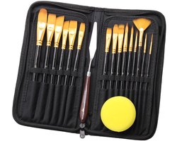 Professionele Penselen set - Penselen Schilderen - 17 stuks - Set van 15 Kwasten - Inclusief Spons en Paletmes - Kwastenset - Kwasten geschikt voor…