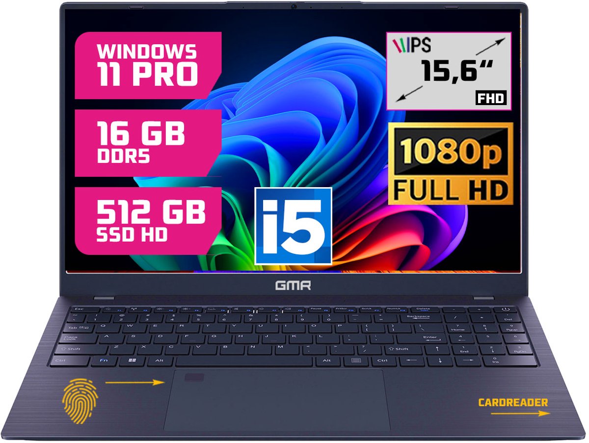 GMR Professional Laptop / 15.6 Inch Full HD Display / Intel Core i5 / 16GB DDR5 RAM / 512GB SSD / Windows 11 Pro / Perfect voor Zakelijk en Studiegebruik