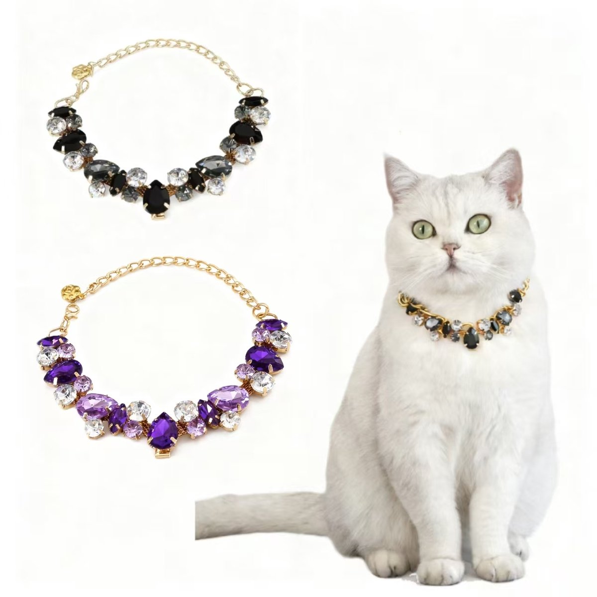 48cm Kat, Hond Diamant Ketting - Schoonheid - Huisdier Logo -Verstelbaar- Hond Kat Kitten Versiering -Crystal Decoration - 48cm-paars, Zwart, 2 stuks