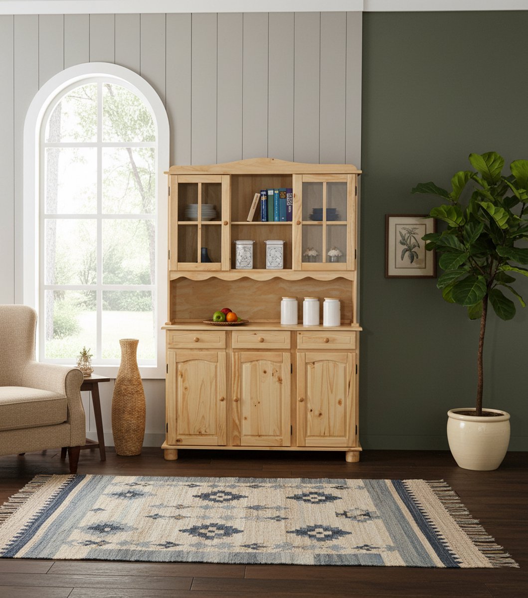 Landelijke Vitrinekast – Massief Houten Buffetkast van Grenen – Keuken- & Servieskast met Glazen Deuren – 3-Deurs Toscane Stijl Opbergkast – Natuur Gelakt – NoviHome