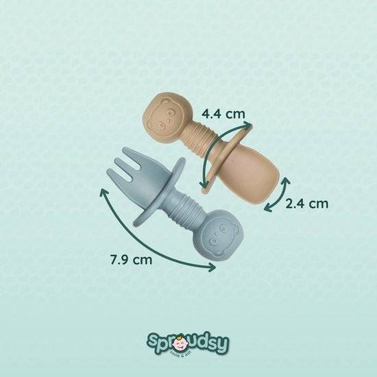 Blauw en beige kinderbestek met panda-gezichten. Afmetingen aangegeven: 7.9cm, 4.4cm, 2.4cm.