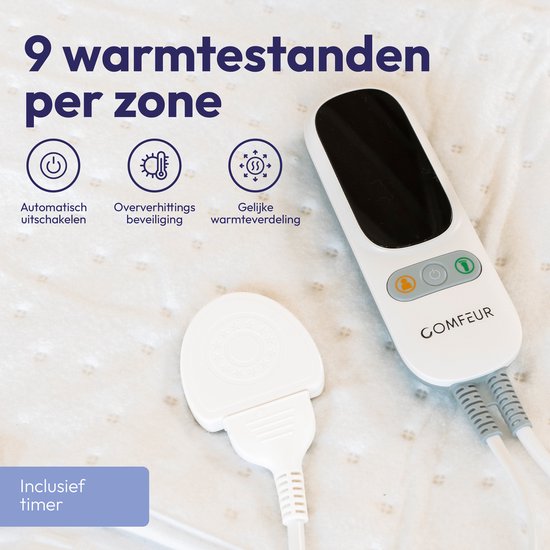 Comfeur Elektrische onderdeken 190x90 cm met Aparte Voetenzone - Elektrisch deken - Warmte deken - 3 Timer-settings - 6 Warmtestanden - Twee Warmtezones - Incl. Matrasbanden