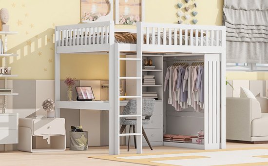 Lit mezzanine Merax 140x200 cm - avec bureau - armoire - 3 tiroirs - escalier - lit en bois avec espace de rangement - lit enfant avec bureau - Wit - sans Matras