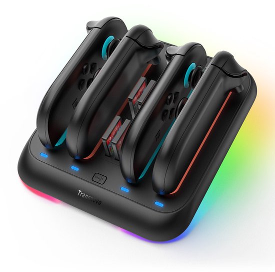 Zwart oplaadstation voor 4 Joy-Cons met gekleurde LED-verlichting aan de onderkant.