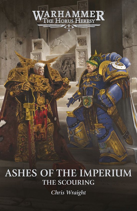 Twee Warhammer-personages in gedetailleerd pantser, een in goud met rode cape, de ander in blauw met gouden accenten. Omslag "Ashes of the Imperium".