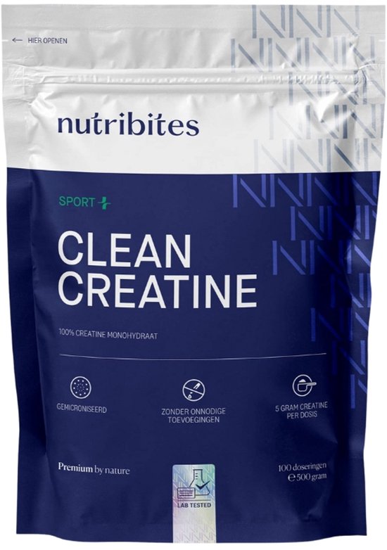 Nutribites Clean Creatine zak van 500 gram, met logo en productinformatie.