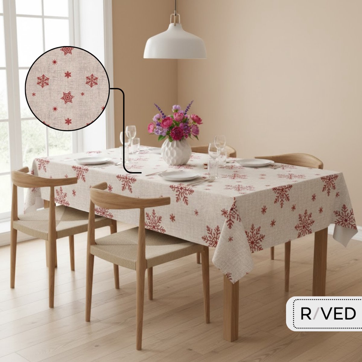Raved Tafelzeil 140 cm x 300 cm – Kerst Sneeuwvlokken Beige – PVC - Afwasbaar