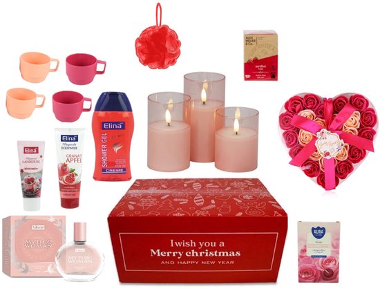 Coffret cadeau de Noël pour femme - Coffret cadeau - Cadeau d'affaires avec bougies LED - Parfum de Luxe - Crème - Lotion - Savon - Thé - Bougies - Produits de rituel - Coffret de Noël - Fêtes - Coffret cadeau