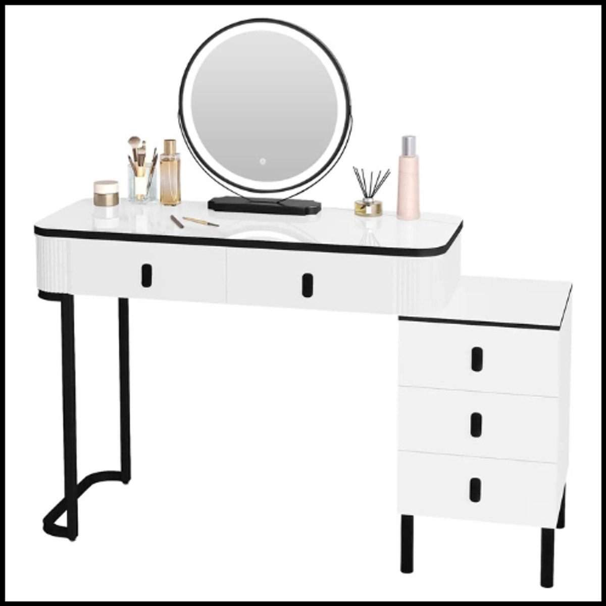 Kaptafel LED 3-delig – Verstelbare Make-up Spiegel – Witte Cosmetica Tafel – Met Zijpaneel – 360° Draaiende Spiegel – Dimbare LED Verlichting – 5 Laden – Robuust & Hoogwaardig – Voor Slaapkamer