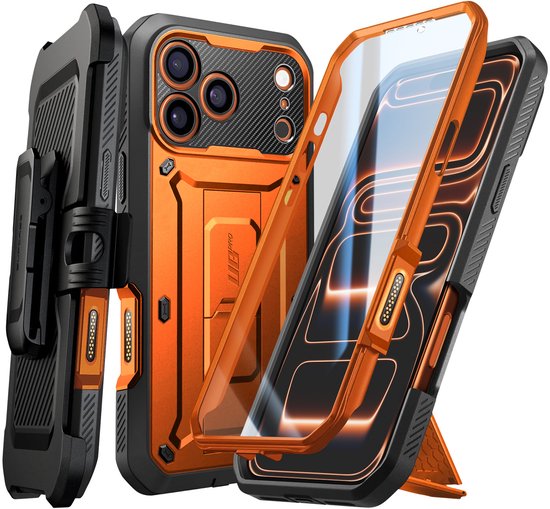 Coque de téléphone orange avec clip de ceinture, coque avec béquille et téléphone.