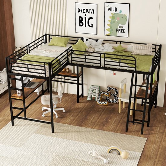 Lit mezzanine PHOEBE CAT - 90 x 200 cm *2 - avec bureau - étagère de rangement - lit enfant - noir