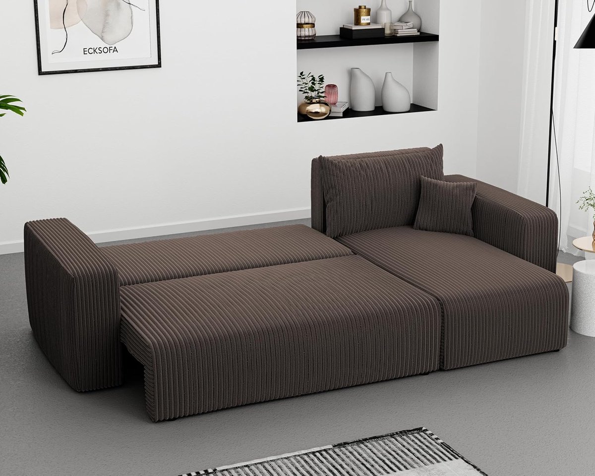 Hoekbank met slaapfunctie & bedlade – 3-zits slaapbank 145x248 cm – Luxe corduroy hoekbank – Uitklapbare bank met opbergruimte – Modern design – Kleur: Poso 06 Bruin – Novihome