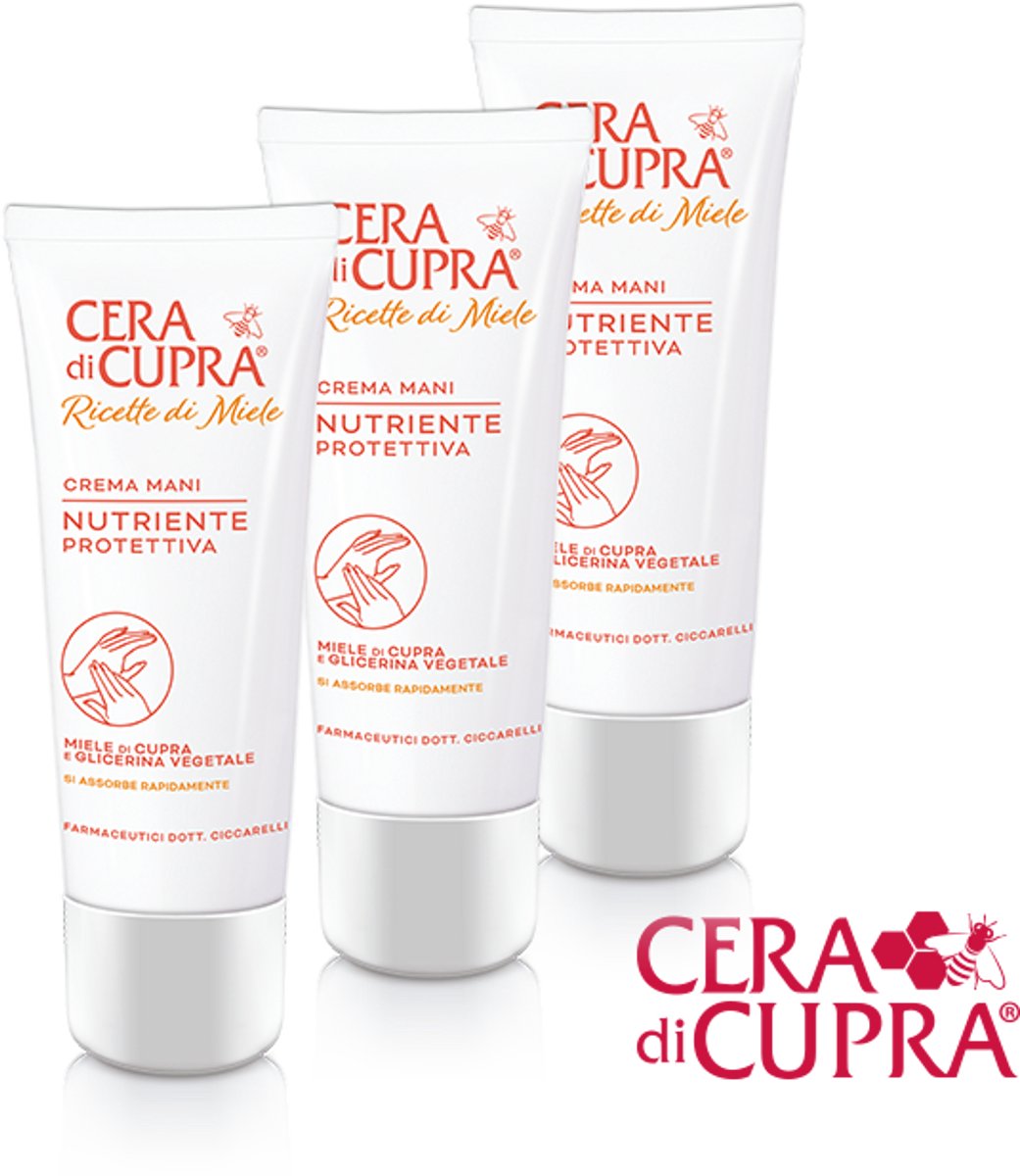 3 tubes Cera di Cupra di Miele handcrème € 6,65 per stuk, inclusief tubeknijper: heerlijk en beschermend met Cupra honing voor zachte handen. Voor alle huidtypes.
