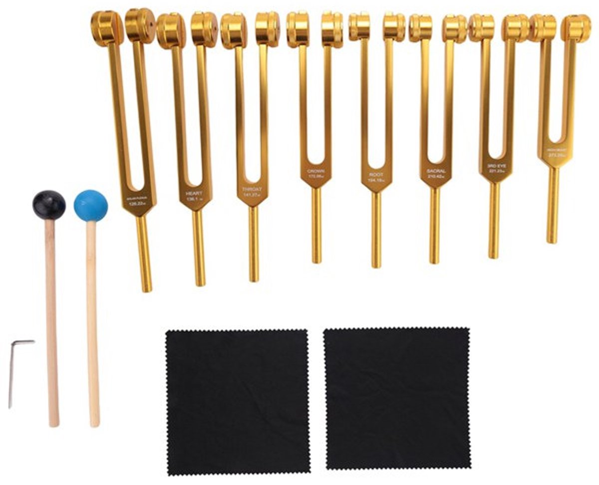 Stemvorkset - Stemvorken zijn ideaal voor genezing, chakra's, klanktherapie en het behouden van een perfecte harmonie van lichaam, geest en ziel - geschikt voor meditatie en genezing - Gouden set van 8 stuks + accessoires