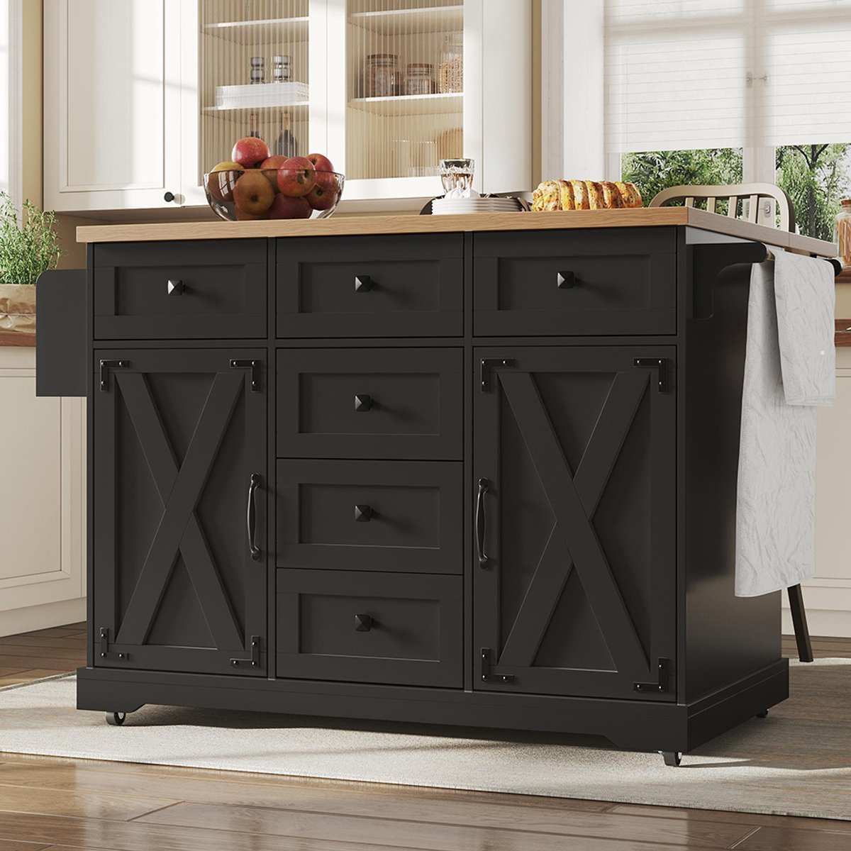 BLACKCOLORS Hoogwaardig Keukeneiland - Multifunctionele Serveerwagen - Met Houtnerf - Verrijdbaar Buffet - Keukentrolley - Voor Eetkamer, Woonkamer, Keuken - Zwart