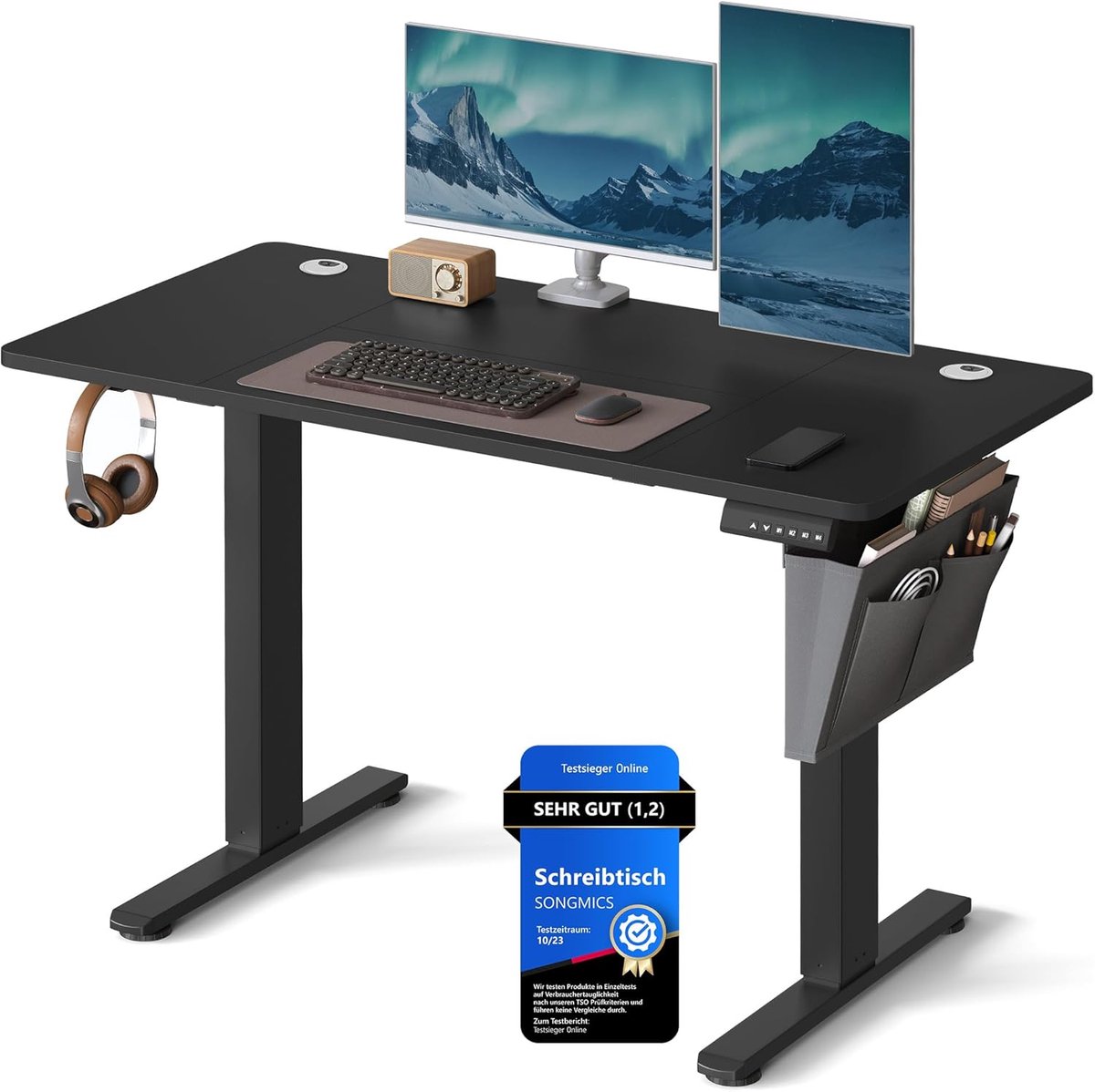 Electric Desk 180x80 cm - NoviHome Pro ErgoDesk XL - Elektrisch In Hoogte Verstelbaar Bureau met 4 Geheugenposities, USB-C Snellaadpoort, Organizer en Koptelefoonhaak - Zwart Ergonomisch Zit-Sta Bureau voor Kantoor en Thuiswerk