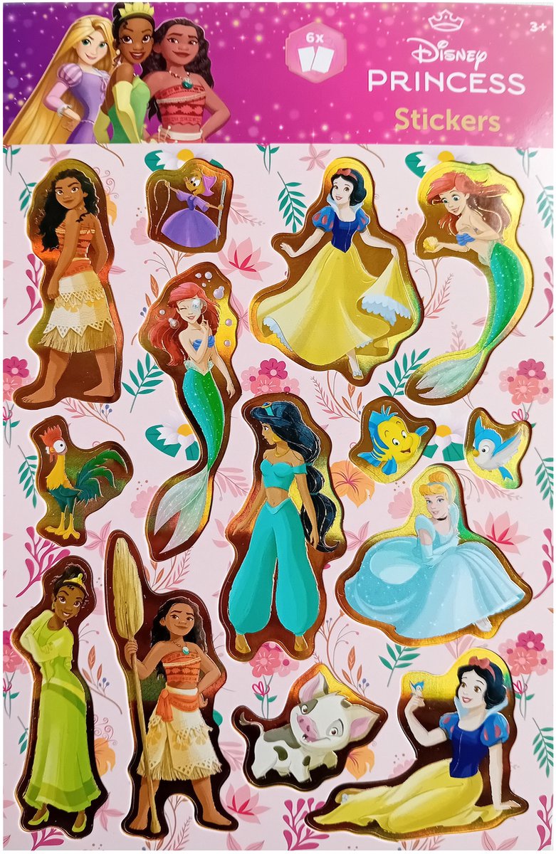 Disney Princess - 6 vellen stickers - stickerboek - knutselen - prinsessen - holografisch goud