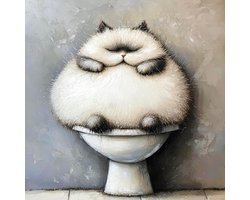 K&C Art (Canvas schilderij) 60x60cm | Dikke kat zit op de wc - poes - dier - beige - grijs - wit - zwart - bruin - grappig | Woonkamer - slaapkamer - hal - kantoor | Foto schilderij print op canvas - wanddecoratie - muurdecoratie - wall art