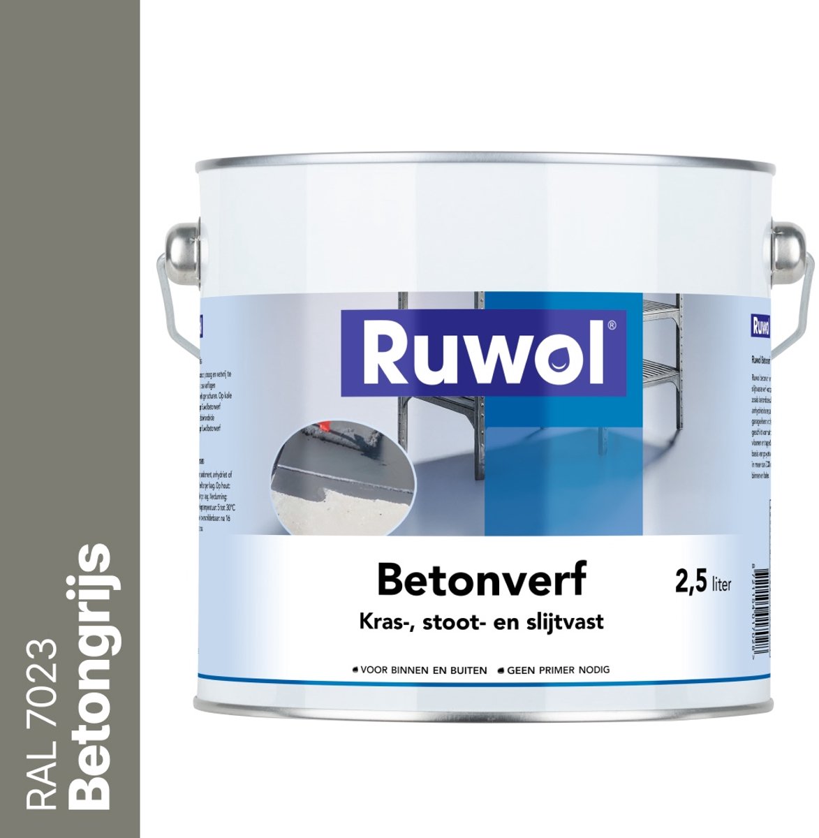 Ruwol Betonverf Betongrijs (RAL 7023) 2,5 liter - Voor binnen en buiten - Alle kleuren - Kras-, stoot- en slijtvaste verf voor beton en steen - Betonverf voor buiten