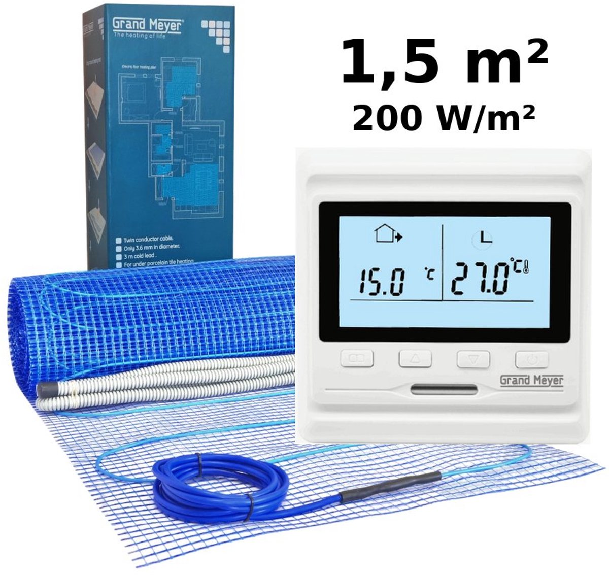 Elektrische vloerverwarmingsset 1,5 m², 200 W/m² + HW500 programmeerbare thermostaat
