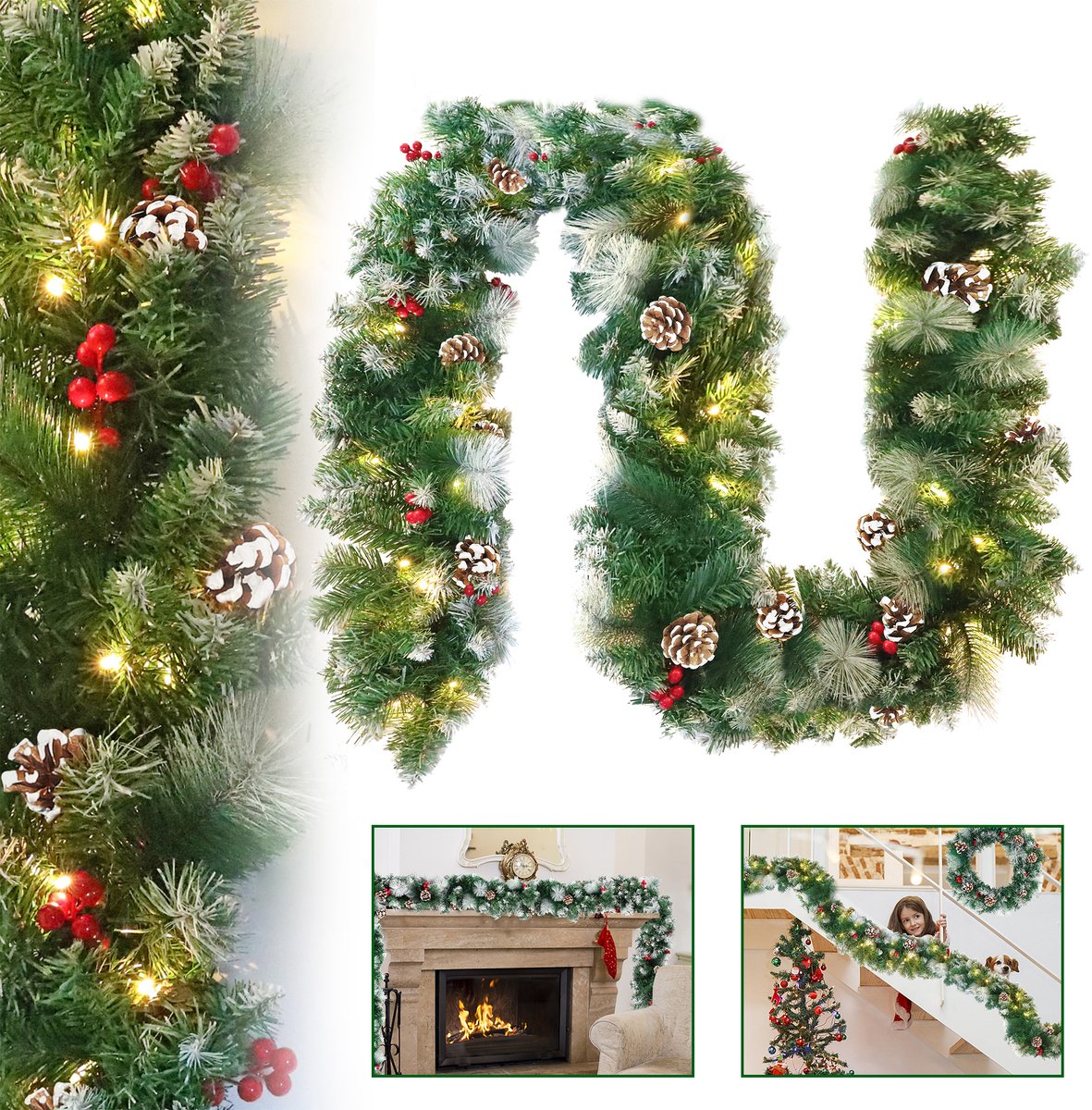 800cm Kerstkrans, Kerstmis, deurkrans, puntige witte stippenkrans, sparrenkrans, kerstslinger, deurkrans, binnen en buiten