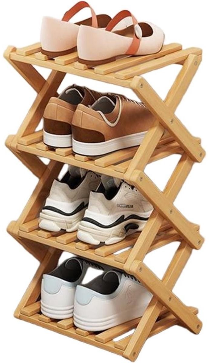 GELLDG Bamboe schoenenrek - Opvouwbaar schoenenrek - Vrijstaande plank - 4 lagen - Multifunctioneel - Geschikt voor hal, kledingkast, slaapkamer, gang - Houtkleur