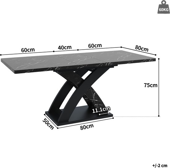 Afmetingen van zwarte uitschuifbare eettafel met marmerlook en X-frame.