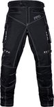 Zwarte motorbroek met witte stiksels, van voren, met 'ARD' logo en meerdere zakken.