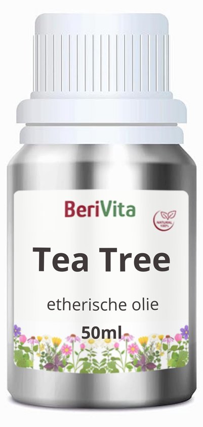Fles BeriVita Tea Tree etherische olie 50ml, met bloemenrand.