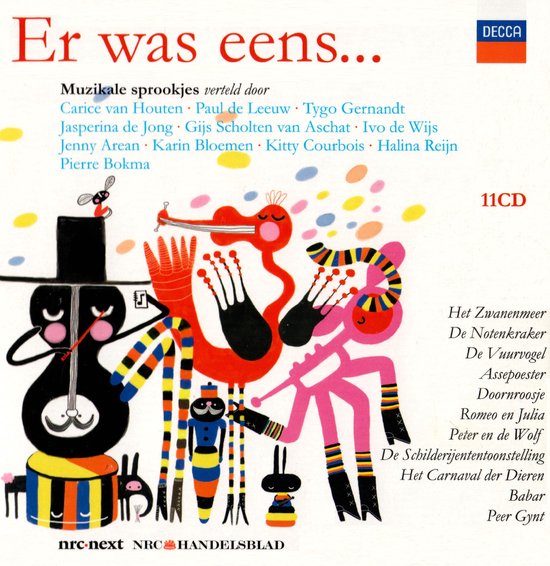 CD-hoes met titel 'Er was eens...', illustratie van dieren met muziekinstrumenten, en tekst '11CD'.