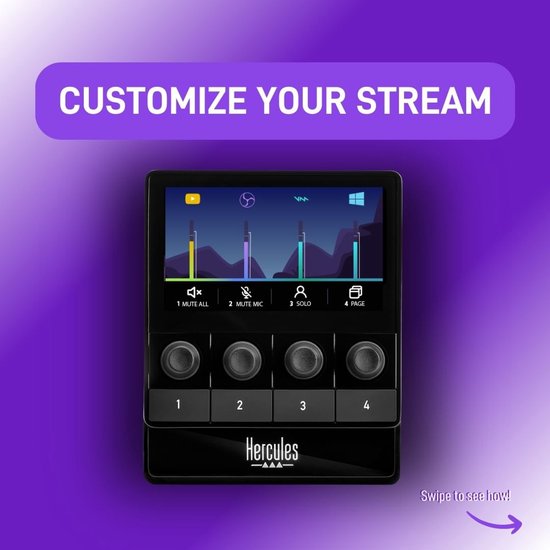 Een Hercules audiocontroller met aanpasbare stream-functies, met een pijl die naar 'Swipe to see how!' wijst.