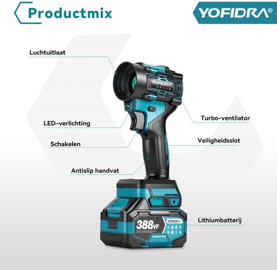 Yofidra Accu Mini Bladblazer - Turbo Fan - 110 m/s Air Duster Turbo - Perslucht - Luchtpistool en stofzuiger - Sterke autostofzuiger - met 2x Accu van Yofidra — afbeelding 2