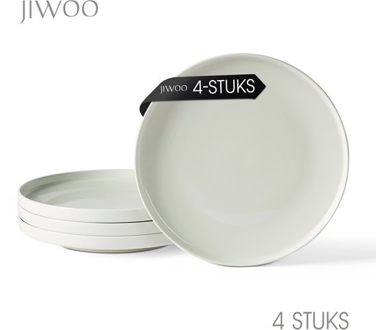 Een stapel van vier lichtgroene dinerborden van Jiwoo, met tekst '4-STUKS'.