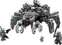 Grijze LEGO Spider Tank met twee klauwen, vier poten, twee minifiguren en Baby Yoda.