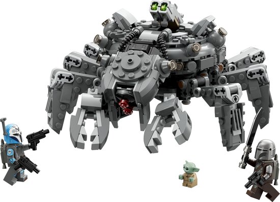 Grijze LEGO Spider Tank met twee klauwen, vier poten, twee minifiguren en Baby Yoda.