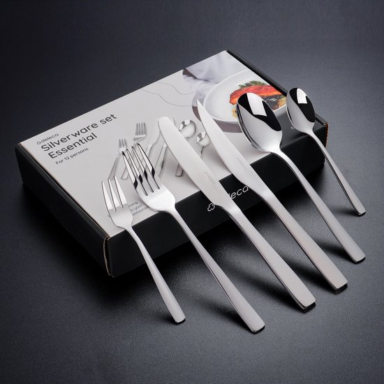 Ménagère Deleca Essential pour 12 personnes (72 pièces) - Cuillères, Couteaux, Fourchettes, Couteaux à steak et fourchettes à pâtisserie - Passe au lave-vaisselle - Argent brillant / Acier inoxydable