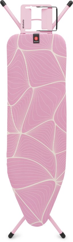 Roze strijkplank met 'Lilac Waves' patroon, opgevouwen met strijkijzerrekje bovenaan.