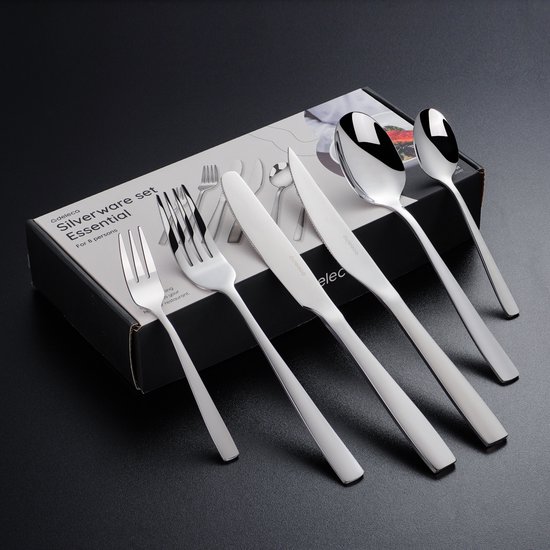 Ménagère Deleca Essential pour 8 personnes (48 pièces) - Cuillères, Couteaux, Fourchettes, Couteaux à steak et fourchettes à pâtisserie - Passe au lave-vaisselle - Argent brillant / Acier inoxydable