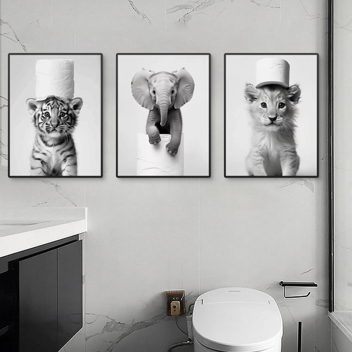 Unyqoos Stijlvolle set van drie zwart-witte badkamerposters met dierenmotief op canvas