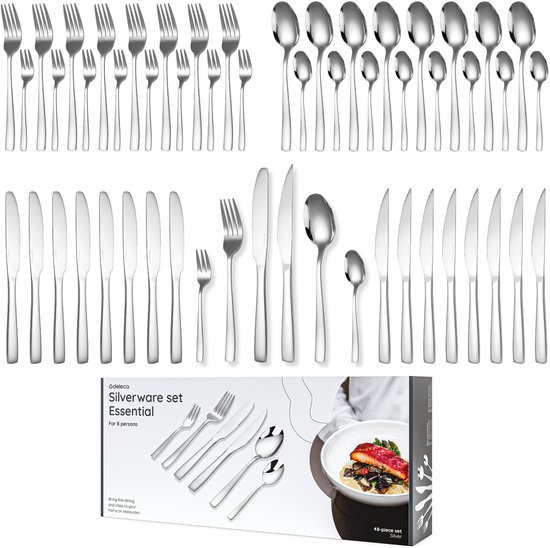 Deleca 8 Persoons Bestekset Essential (48-delig) - Lepels, Messen, Vorken, Steakmessen & Gebaksvorkjes - Vaatwasserbestendig Bestek - Glanzend Zilver / Edelstaal