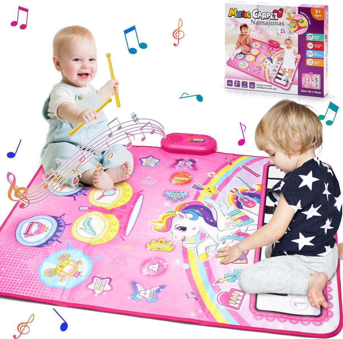 Namajunas - 3 in 1 Muziekmat - Kinderspeelgoed 3 4 5 Jaar - Dansmat - Pianomat - Eenhoorn touch speelkleed - Pianoklavier & Drumset met 2 Drumstokken - Cadeau Vroeg Educatief Muzikaal Leerspeelgoed - meisjes en jongens - Babyspeelgoed