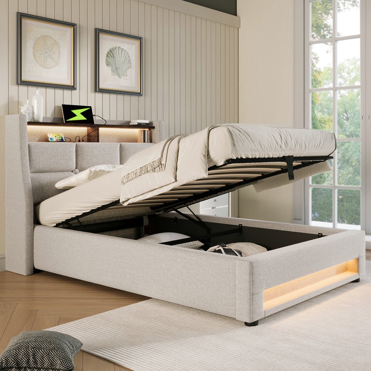 VVBV linnen gestoffeerd bed-Opbergruimte-90x200-Beige-Gestoft bed met USB-LED (Zonder matras)