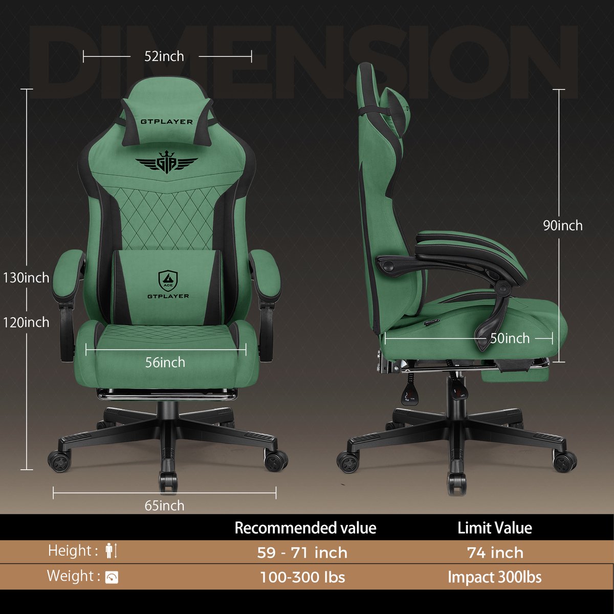 GTPLAYER Gamingstoel Technische Stof met Lendensteun - Groen - afbeelding 3