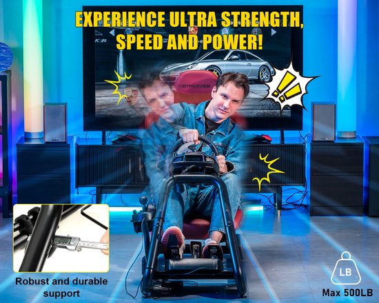 Een man in een bordeauxrode racestoel, een racegame spelend. De stoel is stevig en kan 500LB dragen.