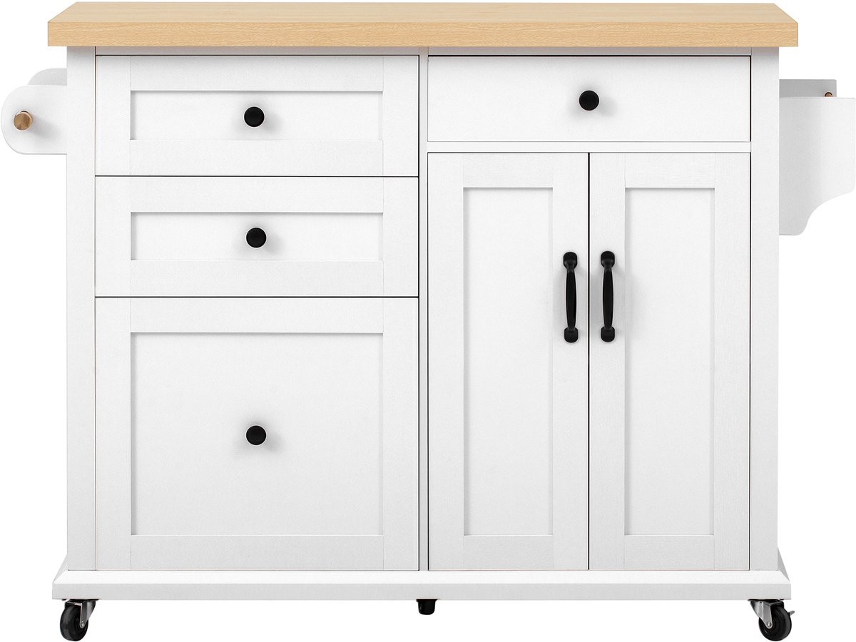 Mobiel keukeneiland met wielen en uitschuifbare eettafel, keukentrolley met multifunctionele lades, ideaal voor keuken en eetkamer (wit)