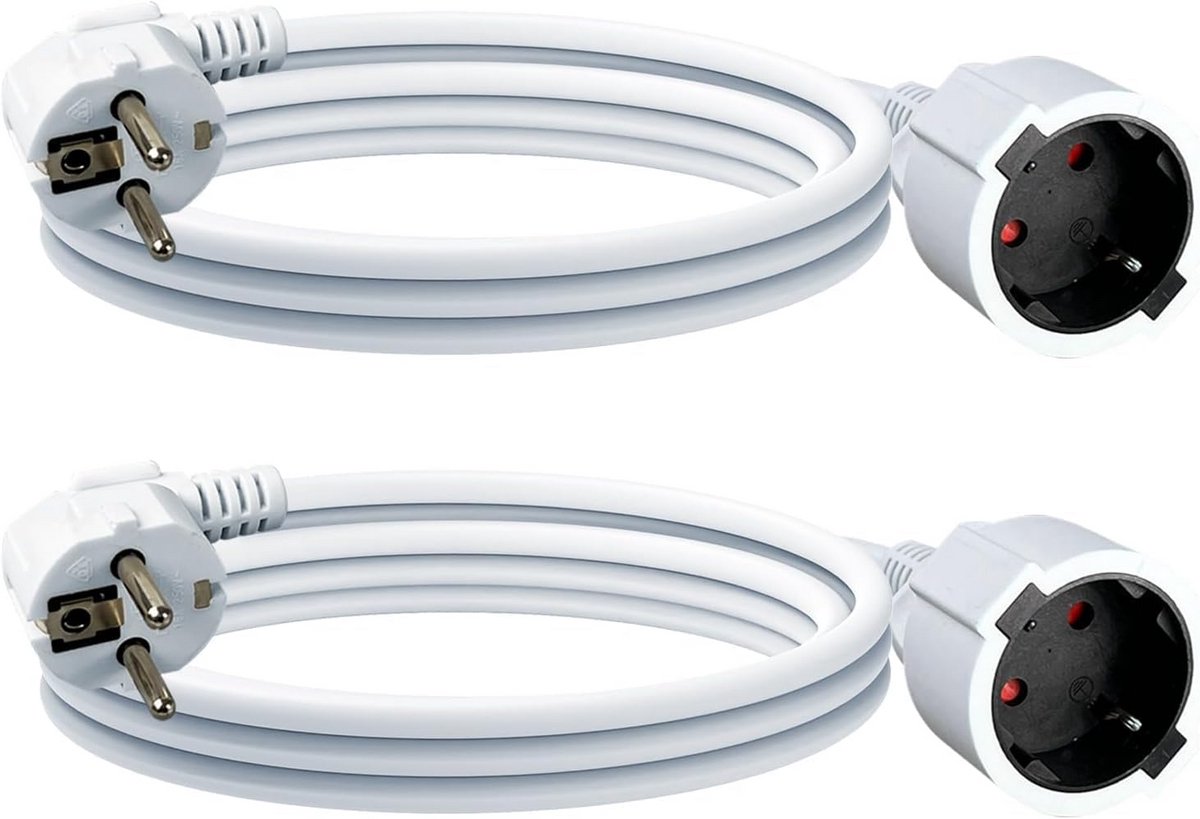 2x IP44 Verlengkabel Wit 3 Meter - Stekkerdoos Kabel ter Voorkoming Oververhitting Stopcontact