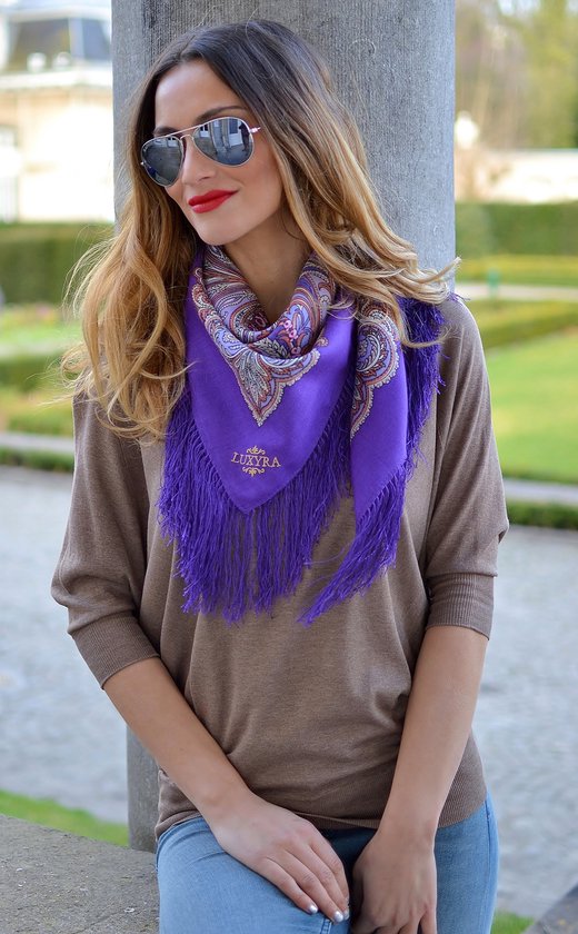 Foulard Luxyra Blue Lagoon - Mode femme - Accessoires - Châle - Foulard en laine avec franges en soie - 89x89 cm