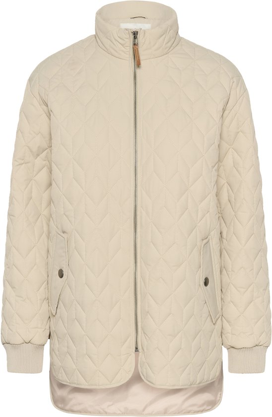Beige gewatteerde jas met ruitpatroon, staande kraag, rits en borstzakjes.