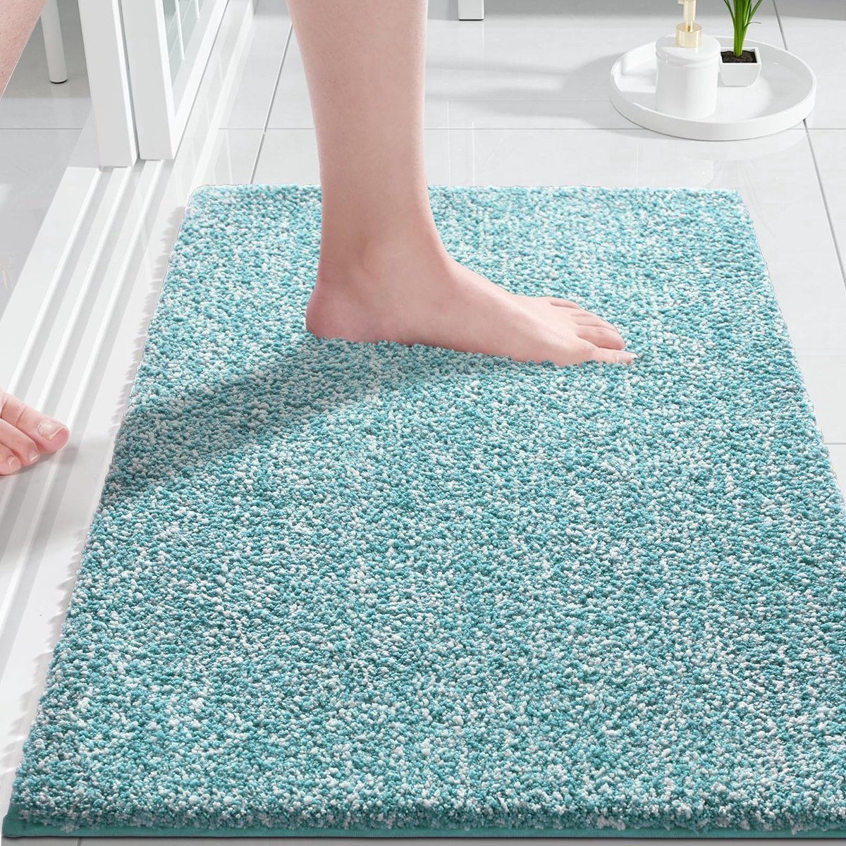 Stunq® Extra Zachte Antislip Badmat voor Badkamer in Pauwenblauw en Wit, Waterabsorberend en Machinewasbaar