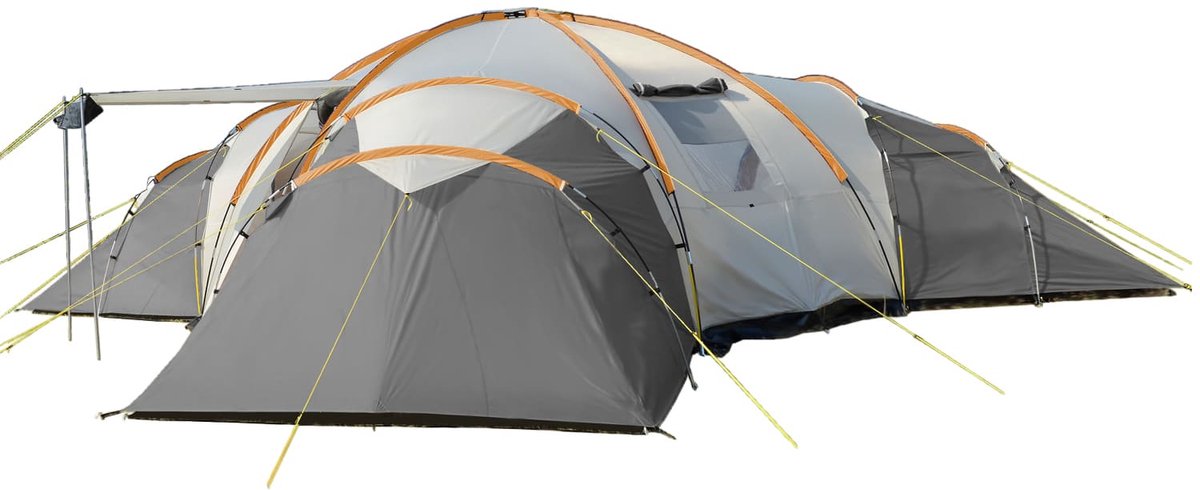 Skandika Turin Tent – Tenten – Familietent - Campingtent – Voor 12 personen – Koepeltent – Muggengaas – 3 slaapcabines - 200 cm stahoogte – Stalen stangen – 3000 mm waterkolom – Outdoor, Camping, Tuin – Kamperen – grijs/oranje